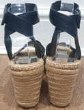 TORY BURCH Navy Blue Leather Ankle Strap Espadrille Wedge Sandals Shoes 8.5M UK6