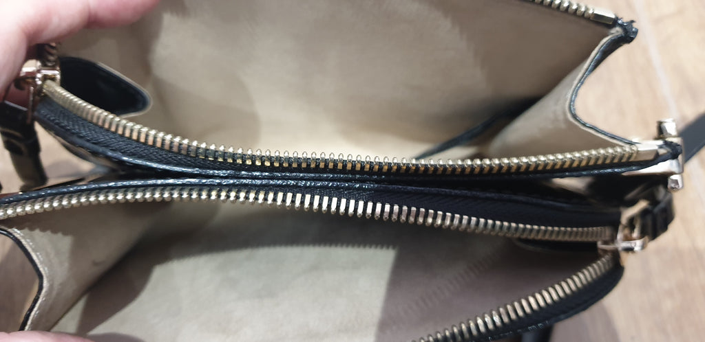 REISS Black Leather Shine ARNOTT Double Pouch Zipper Cross Body Shoulder Bag
