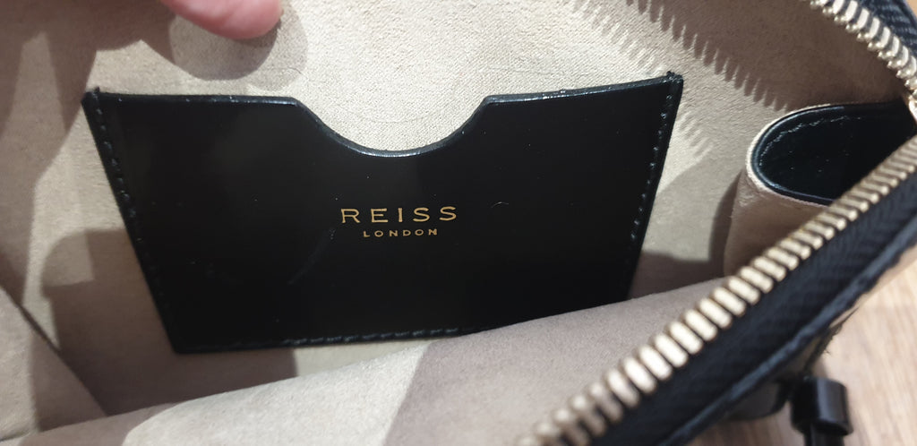 REISS Black Leather Shine ARNOTT Double Pouch Zipper Cross Body Shoulder Bag