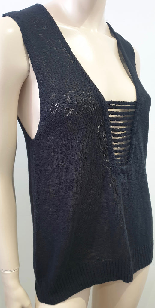 ROI Black Cotton Blend Semi Sheer Knitwear Sleeveless Vest Tank Sweater Top L