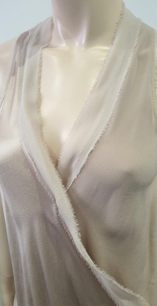 RAMY BROOK Beige Silk Cross Over Fray Edge V Neckline Sleeveless Blouse Top L