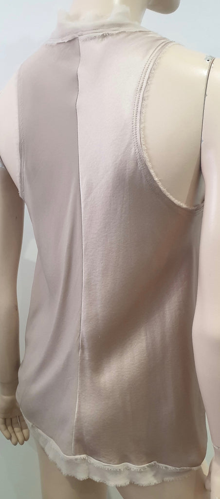 RAMY BROOK Beige Silk Cross Over Fray Edge V Neckline Sleeveless Blouse Top L