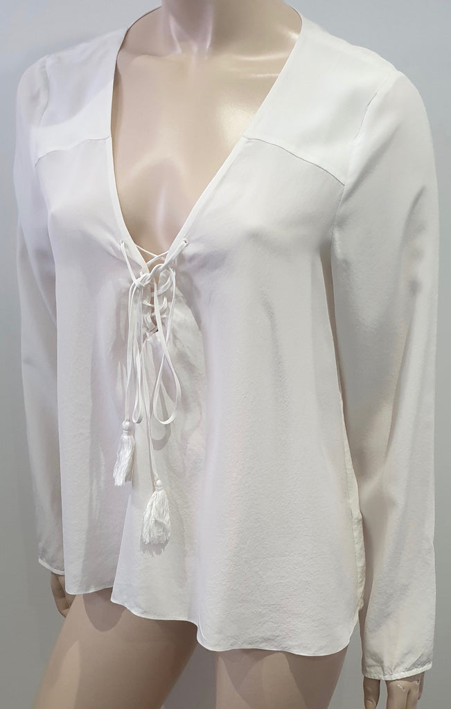 ELIZABETH AND JAMES Winter White Cream Silk Lace Up Front Blouse Shirt Top M