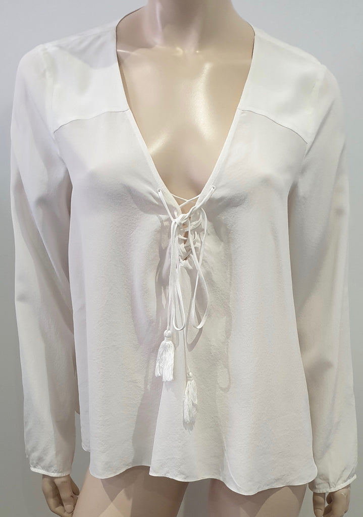 ELIZABETH AND JAMES Winter White Cream Silk Lace Up Front Blouse Shirt Top M