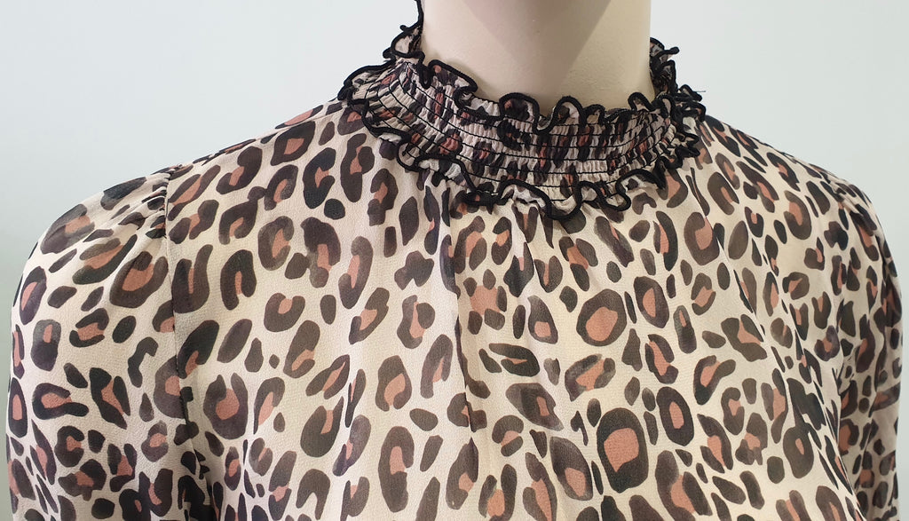 PRIMROSE PARK Cream Brown & Black Leopard Print Elasticated Sheer Blouse Top M