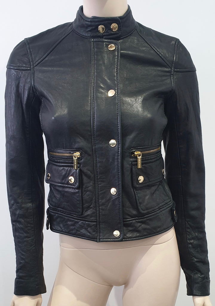 MICHAEL MICHAEL KORS Black Leather Collarless Gold Stud Zipper Biker Jacket XXS