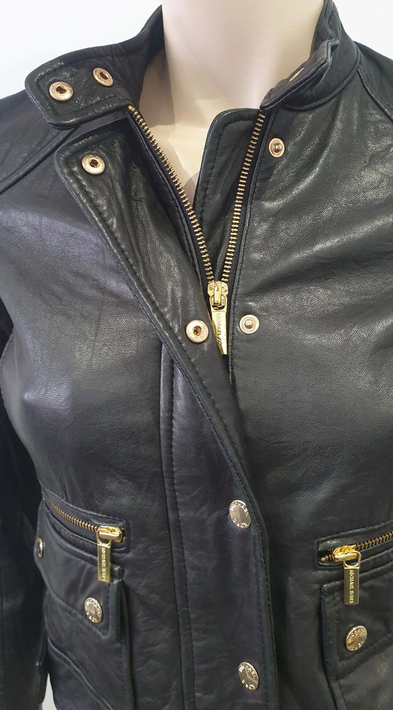 MICHAEL MICHAEL KORS Black Leather Collarless Gold Stud Zipper Biker Jacket XXS