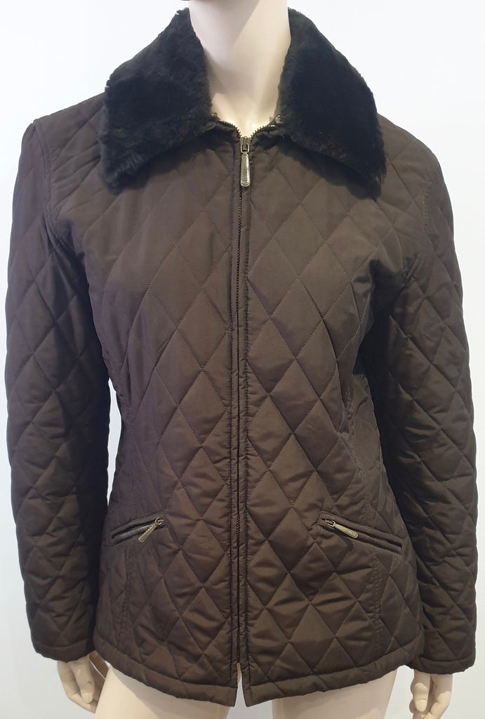 MARELLA Womens Brown Detachable Faux Fur Collar Zip Fastened Quilted Jacket UK12