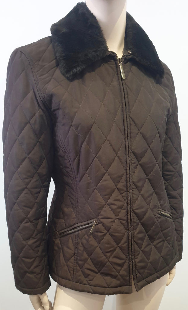 MARELLA Womens Brown Detachable Faux Fur Collar Zip Fastened Quilted Jacket UK12