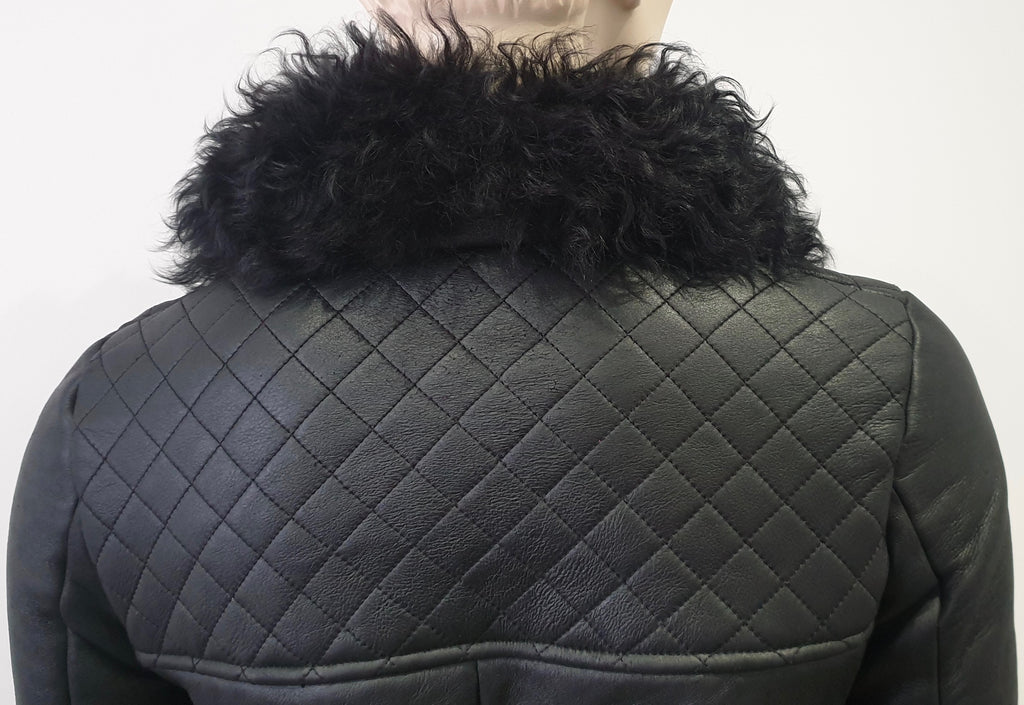 TOPSHOP Black Shearling Sheepskin Collared Buckle Detail Leather Aviator Jacket
