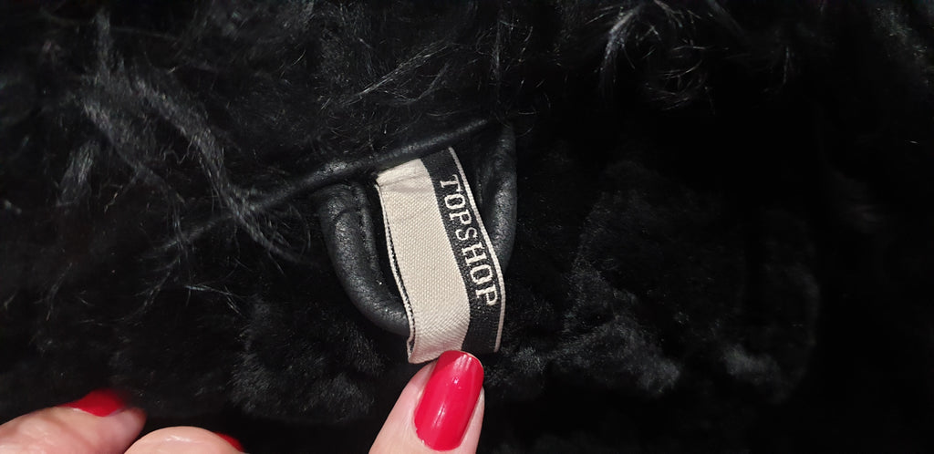 TOPSHOP Black Shearling Sheepskin Collared Buckle Detail Leather Aviator Jacket