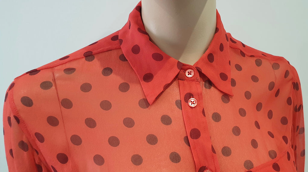 EQUIPMENT FEMME Orange Sheer Polka Dot Collared Long Sleeve Blouse Shirt Top S