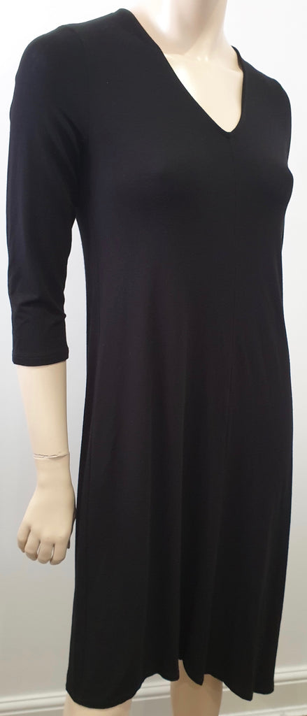 EILEEN FISHER Black Jerseywear V Neck 3/4 Sleeve Asymmetric Hemline Dress XS/TP