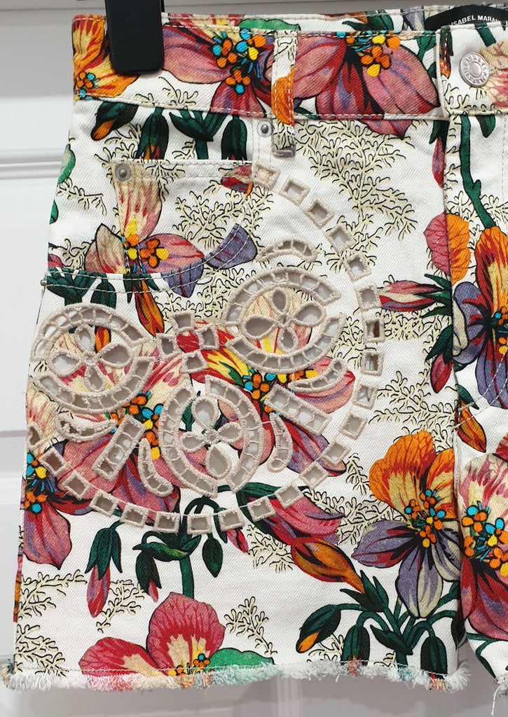 ISABEL MARANT Multi Colour Cotton Floral Printed Broderie Anglais Denim Shorts