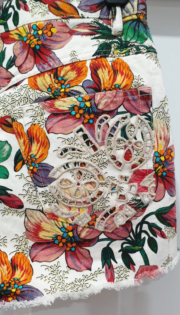 ISABEL MARANT Multi Colour Cotton Floral Printed Broderie Anglais Denim Shorts