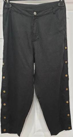 NICOLE FARHI Black Linen Silk Elastic Drawstring Waist Crop Capri Trousers Pants