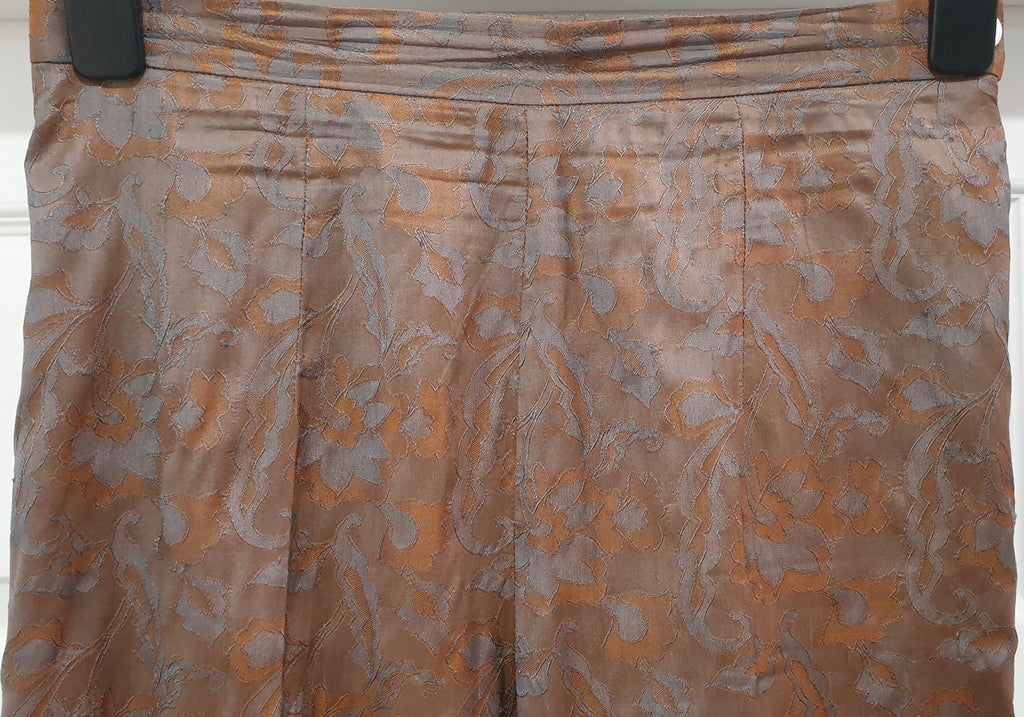NICOLE FARHI Orange Beige Grey Silk Sheen Floral Print Tapered Trousers Pants 10