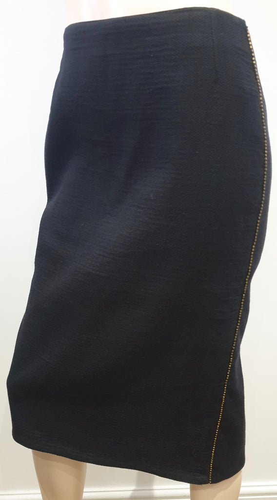 DRIES VAN NOTEN Midnight Navy Black Gold Tone Stud Formal Pencil Skirt FR38 UK10