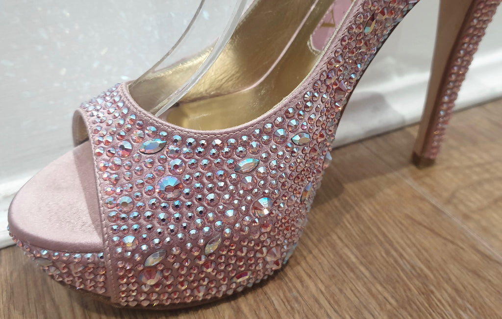 GINA Pink Leather & Satin Crystal Embellished Peep Toe Platform Evening Sandals