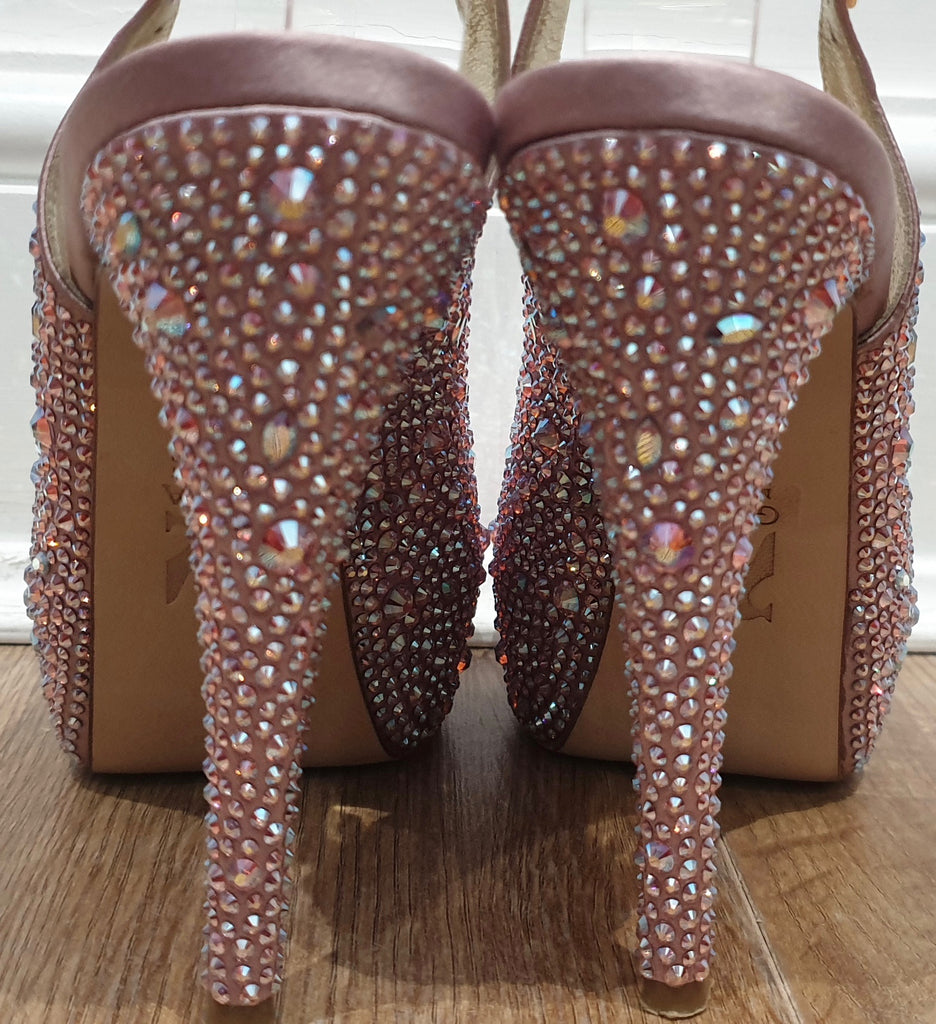 GINA Pink Leather & Satin Crystal Embellished Peep Toe Platform Evening Sandals