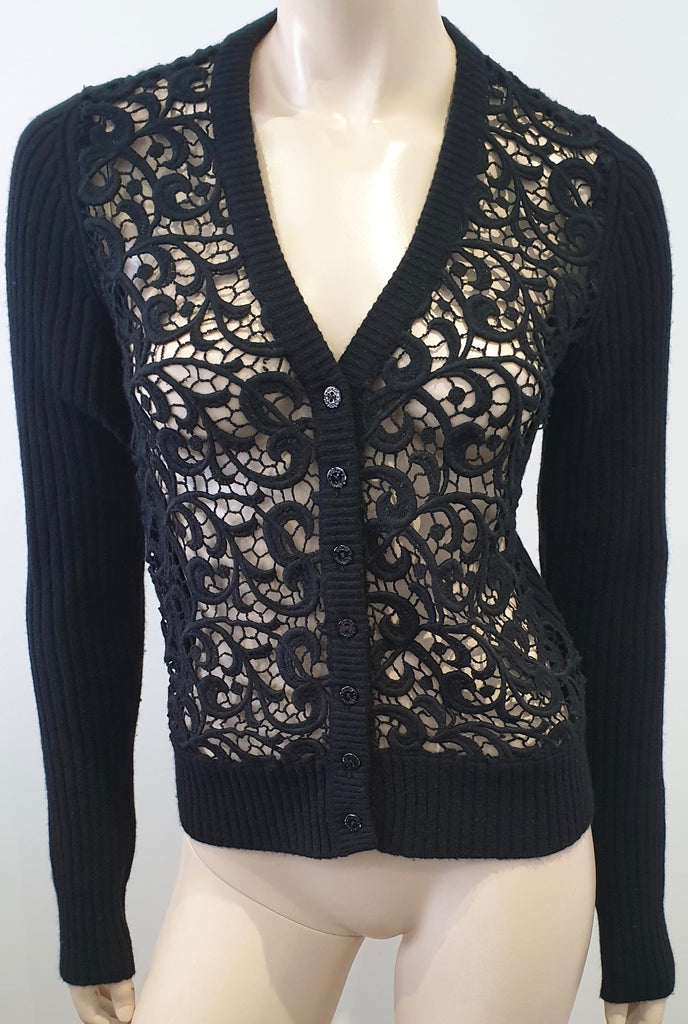 DOLCE & GABBANA Women's Black Crochet & Ribbed V Neck Long Sleeve Cardigan Top M
