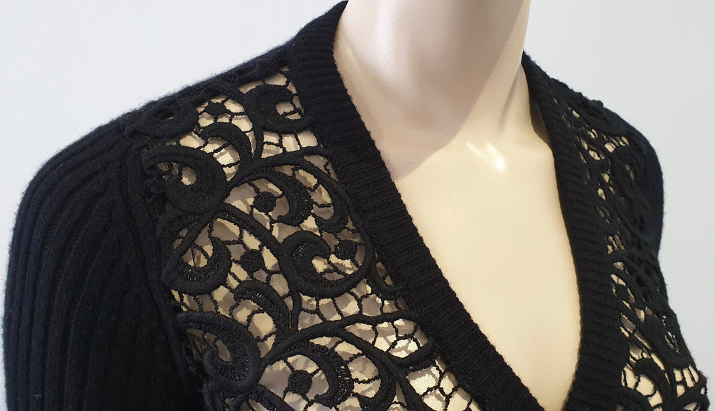 DOLCE & GABBANA Women's Black Crochet & Ribbed V Neck Long Sleeve Cardigan Top M