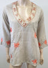 BARBARA GERWIT Beige V Neck Embroidered Shell Detail Beachwear Tunic Kaftan Top