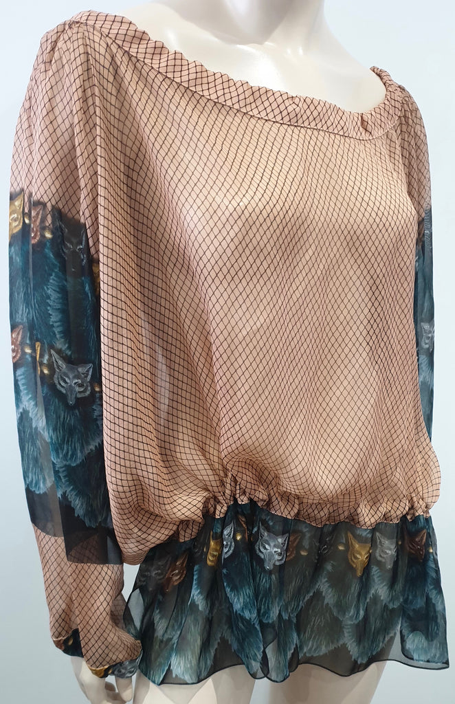 VASSILISA Multi Colour Silk Fox Print Beachwear Tunic Kimono Blouse Top S EU36