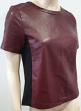 HALOGEN Burgundy Leather & Black Jersey Panelled Short Sleeve Blouse Top S