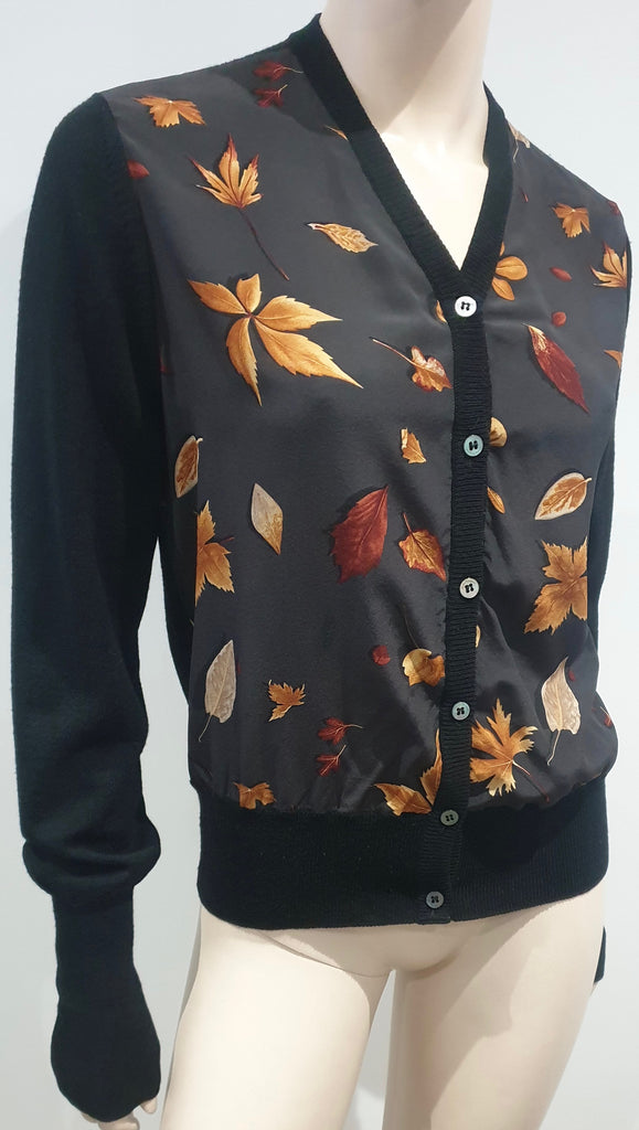SALVATORE FERRAGAMO Charcoal Black Wool & Silk Multi-Colour Leaf Print Cardigan