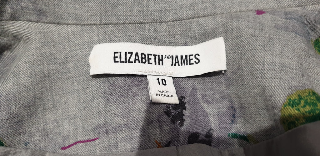 ELIZABETH & JAMES Heather Grey Cotton & Silk Trim Floral Print Blazer Jacket 10