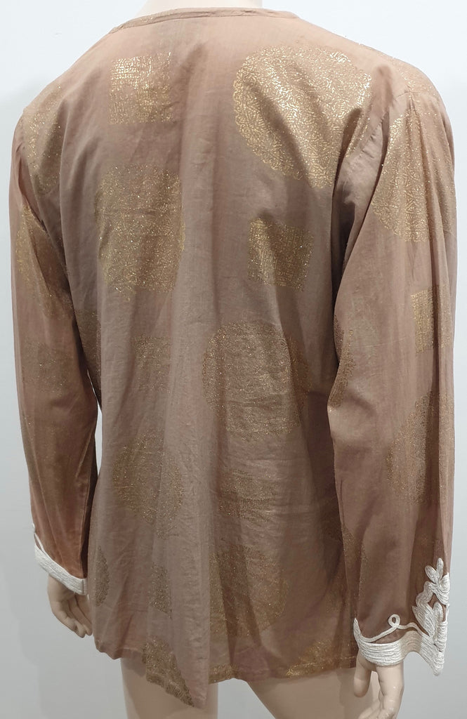 TAJ BY SABRINA CRIPPA Brown Gold Metallic & Cream Trim Embroidered Kaftan Top L