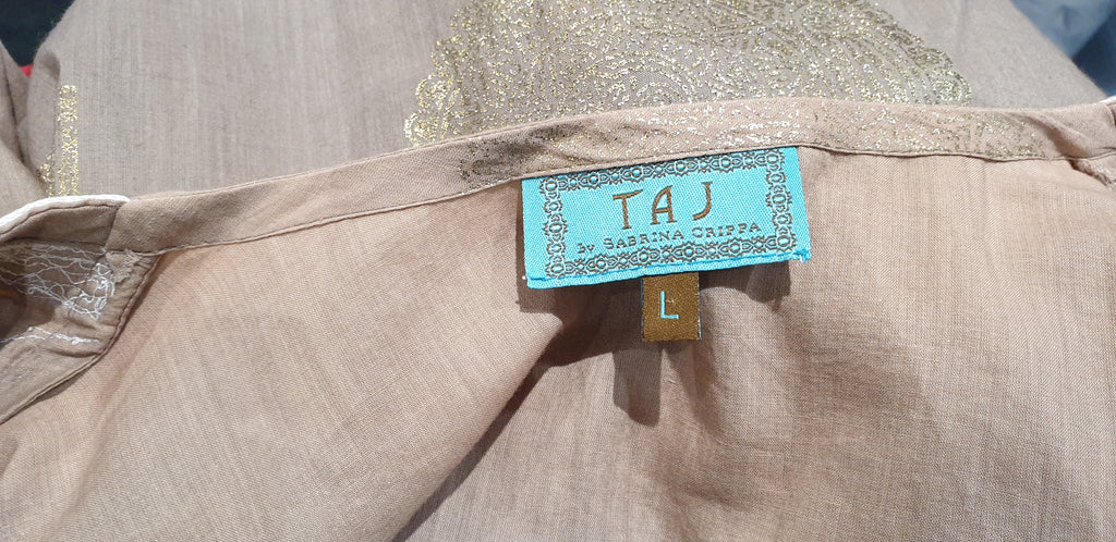 TAJ BY SABRINA CRIPPA Brown Gold Metallic & Cream Trim Embroidered Kaftan Top L
