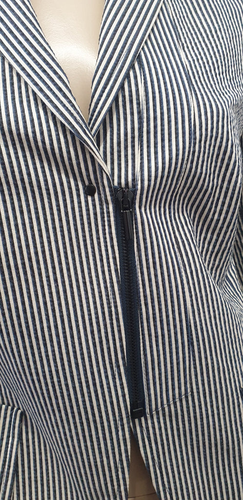 AKRIS PUNTO Blue Grey & White Stripe Cotton Blend Summer Blazer Jacket Top UK12