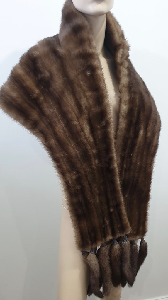 FOGGENSTEINER WIEN Women's Brown Fur Lined Vintage Tassel Trim Shawl Stole Scarf