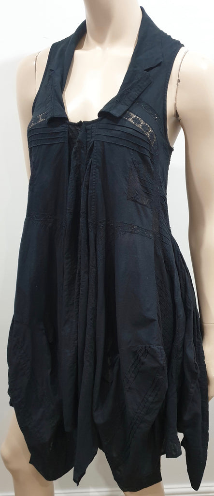 ALL SAINTS Black Cotton Collared Lace Trim Asymmetrical Hemline Tunic Blouse Top
