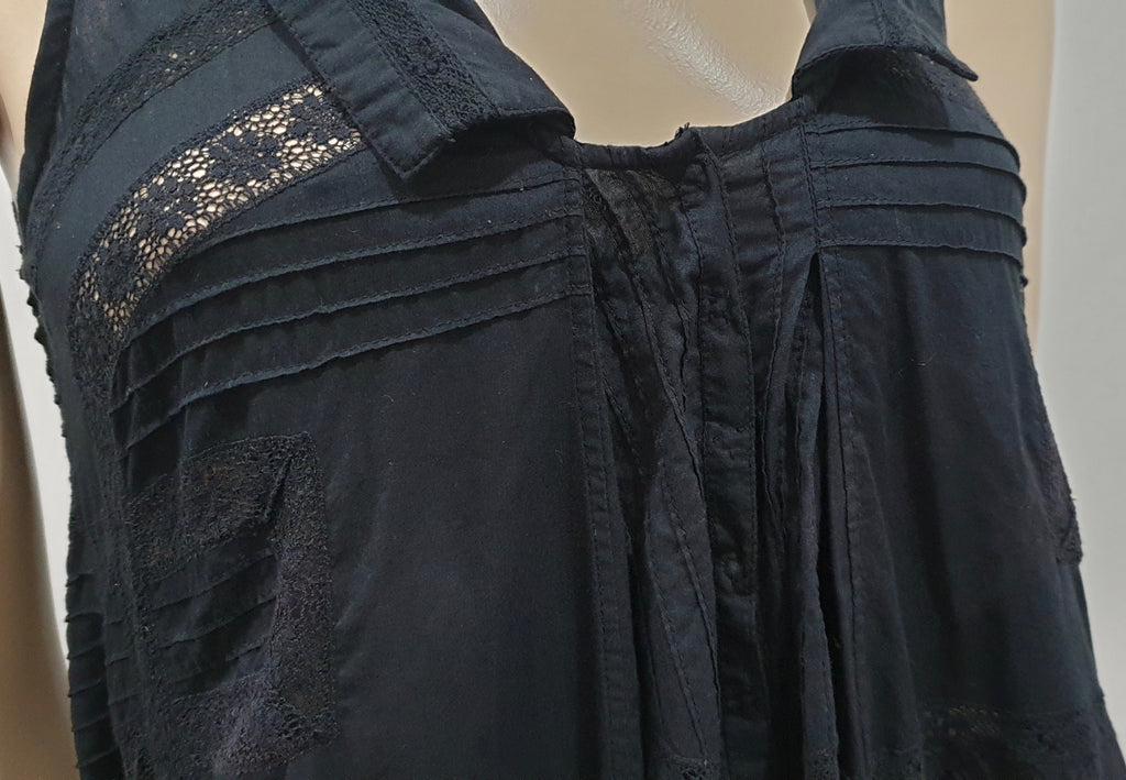 ALL SAINTS Black Cotton Collared Lace Trim Asymmetrical Hemline Tunic Blouse Top