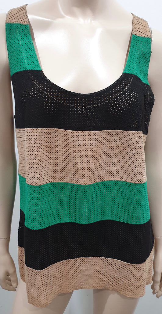 DROME Black Green & Beige Suede Leather Striped Perforated Cami Vest Tank Top L