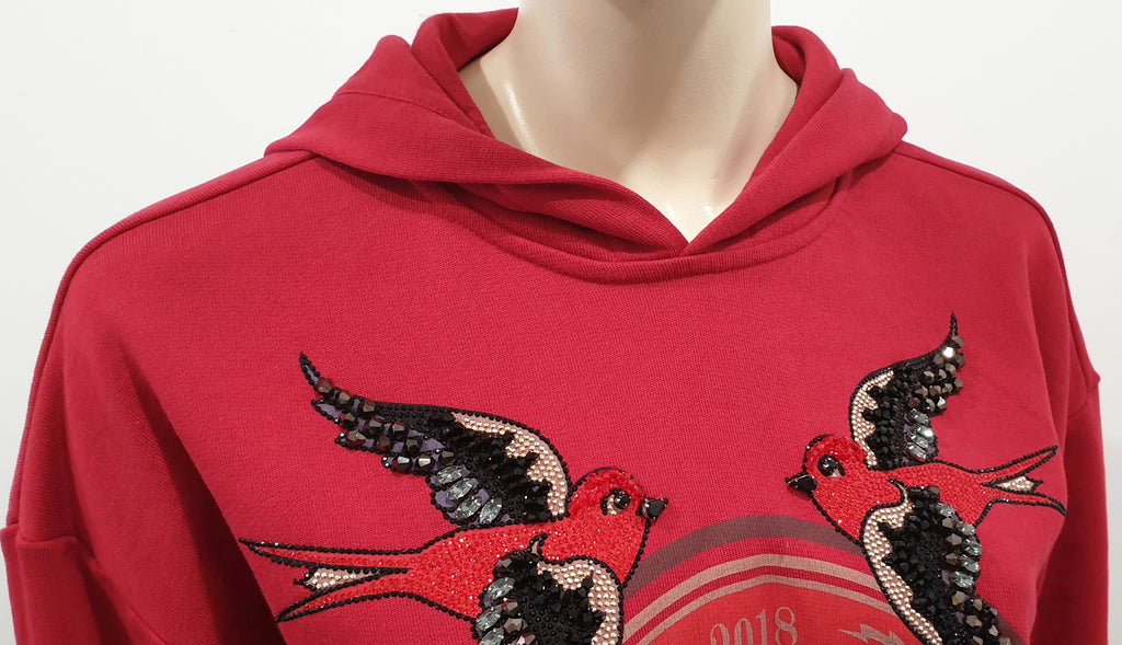 PINKO Women's Deep Red Cotton Sequin Bird Detail Hooded Sweater Hoodie Top S