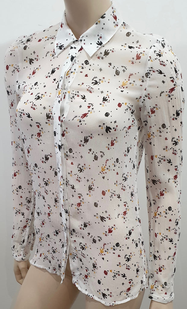 MAJE Women's White & Multicolour Bird Star Print Sheer Chiffon Blouse Shirt Top