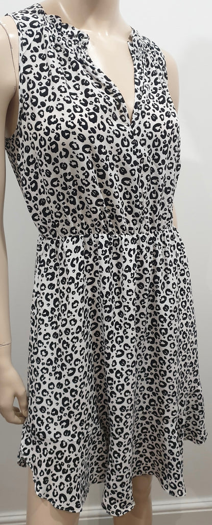 REBECCA TAYLOR White & Black Silk Animal Print Sleeveless Short Mini Dress 2 UK6