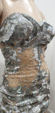 BG HAUTE Silver Sequin Embellished Nude Mesh Mini Bodycon Evening Party Dress 8