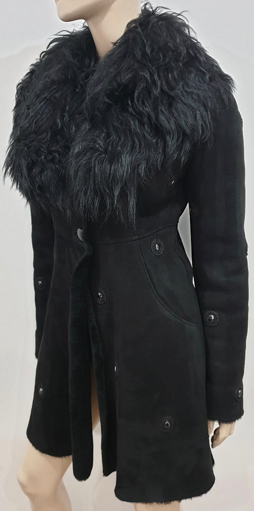 TEMPERLEY LONDON Black Sheepskin Collared Embroidered Winter Jacket Coat UK8