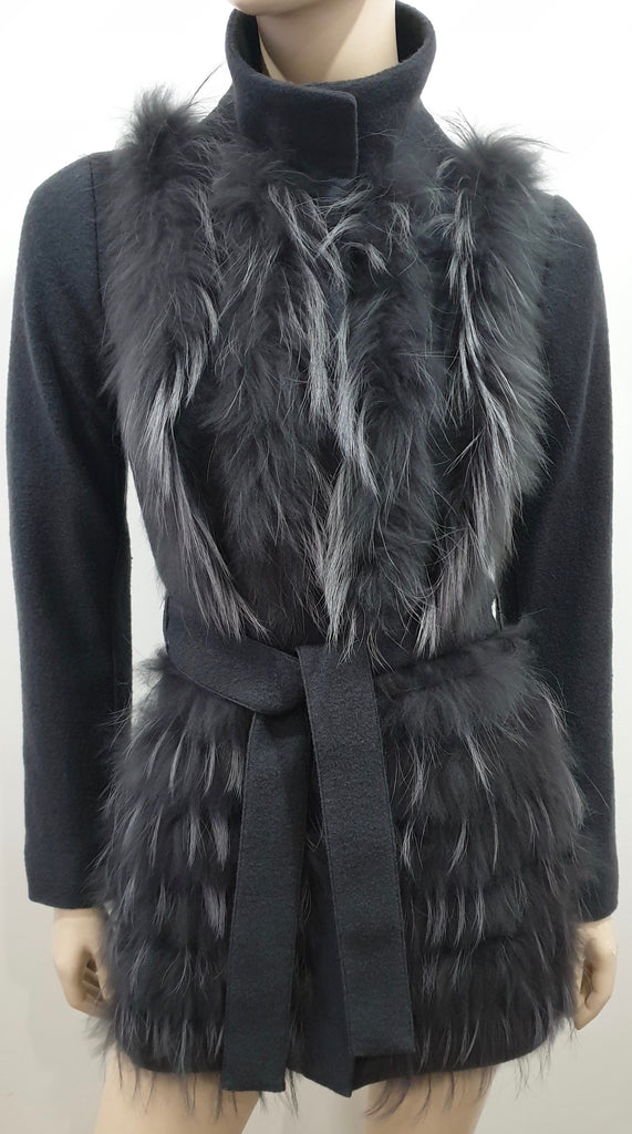 PINKO Women's Grey Wool & Fur Funnel Collared Neck Belted Lined Jacket Coat UK6