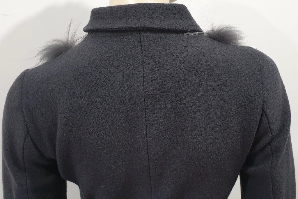 PINKO Women's Grey Wool & Fur Funnel Collared Neck Belted Lined Jacket Coat UK6