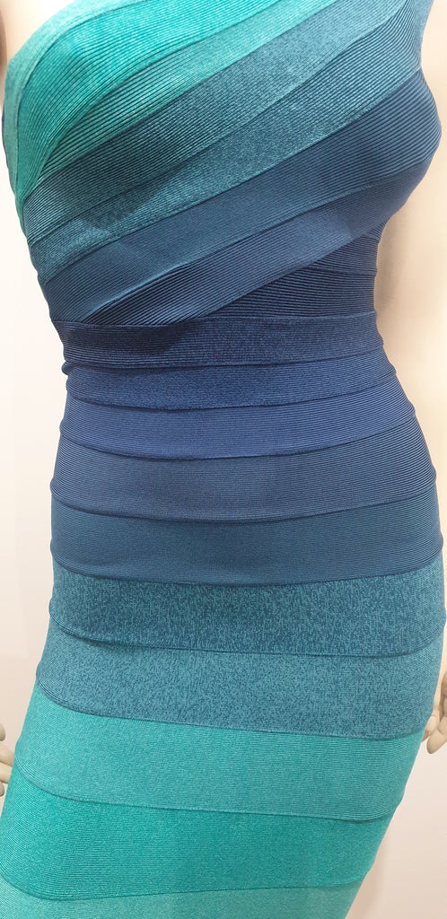 HERVE LEGER Blue & Green One Shoulder Bandage Bodycon Evening Mini Dress XS