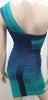 HERVE LEGER Blue & Green One Shoulder Bandage Bodycon Evening Mini Dress XS