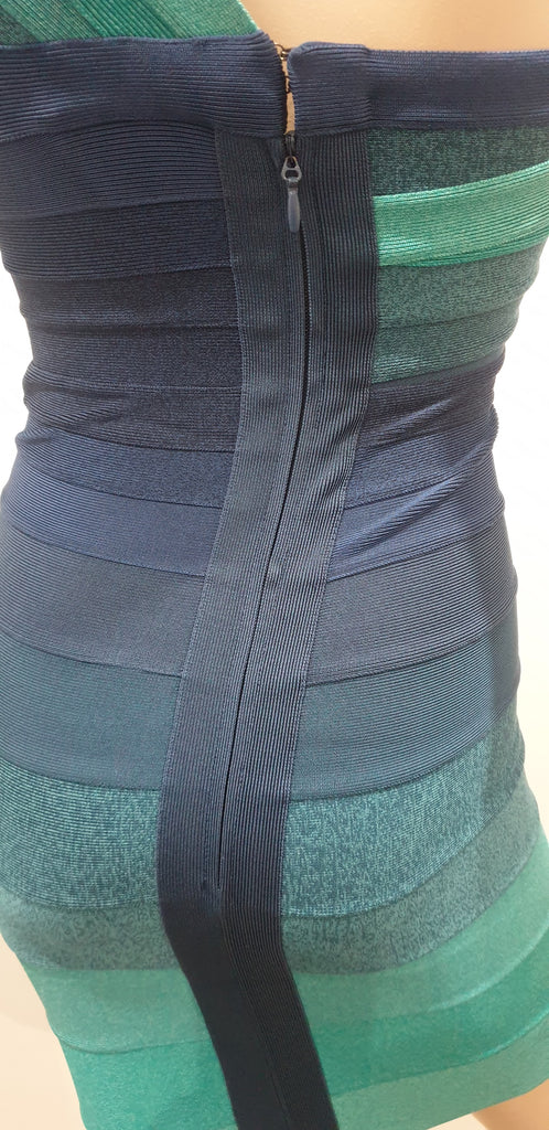 HERVE LEGER Blue & Green One Shoulder Bandage Bodycon Evening Mini Dress XS