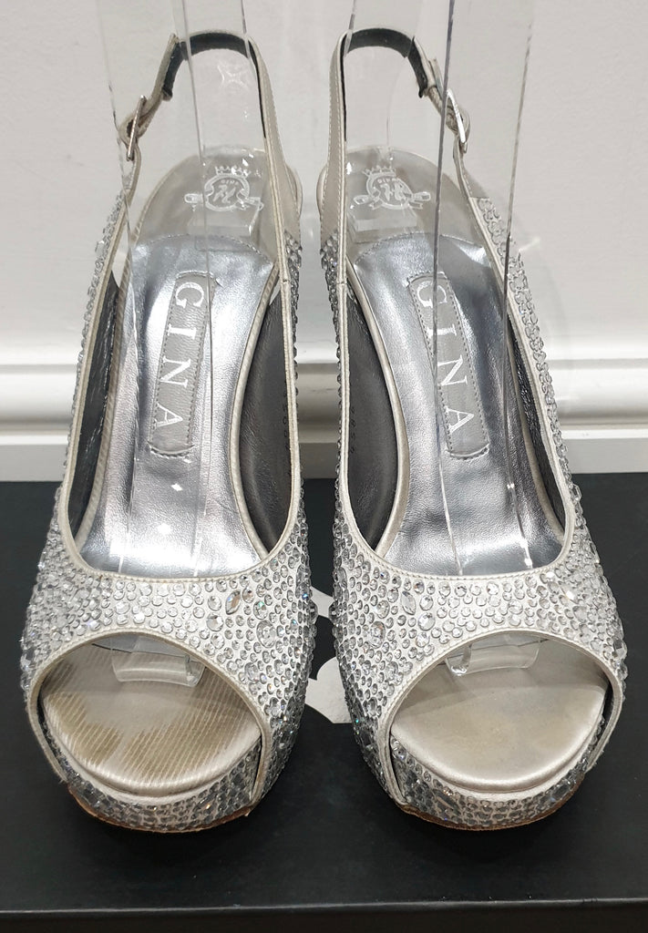 GINA Pale Grey Satin Crystal Embellished Peep Toe Platform Evening Sandals UK4.5