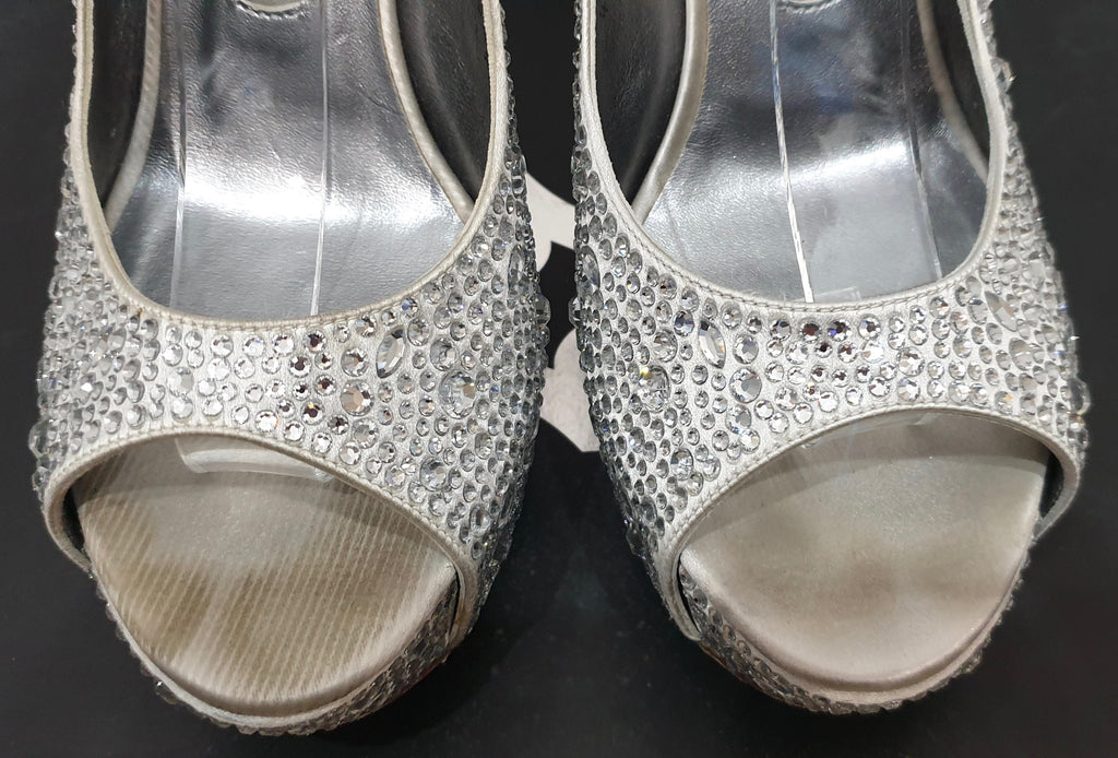 GINA Pale Grey Satin Crystal Embellished Peep Toe Platform Evening Sandals UK4.5